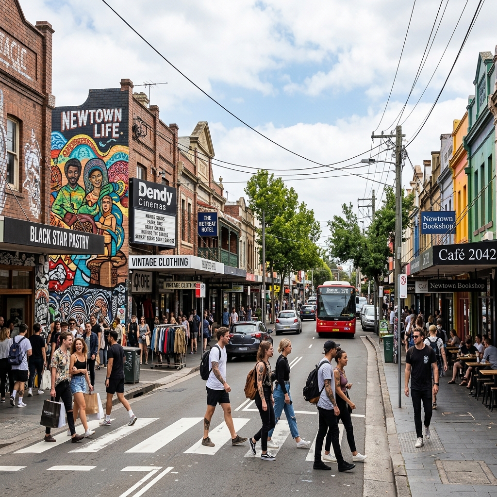 King Street Newtown Sydney — vibrant street with murals, cafés and diverse crowd