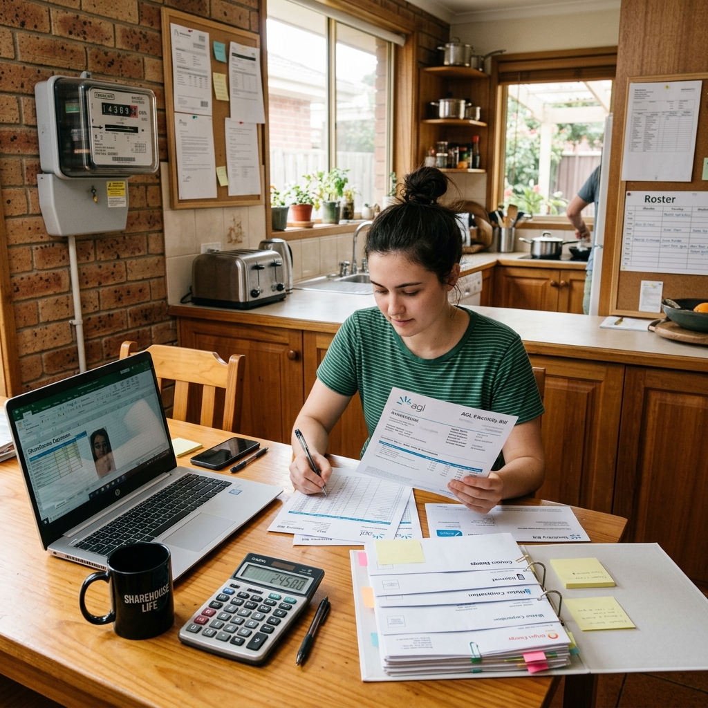 Person reviewing electricity bills in an Australian share house kitchen