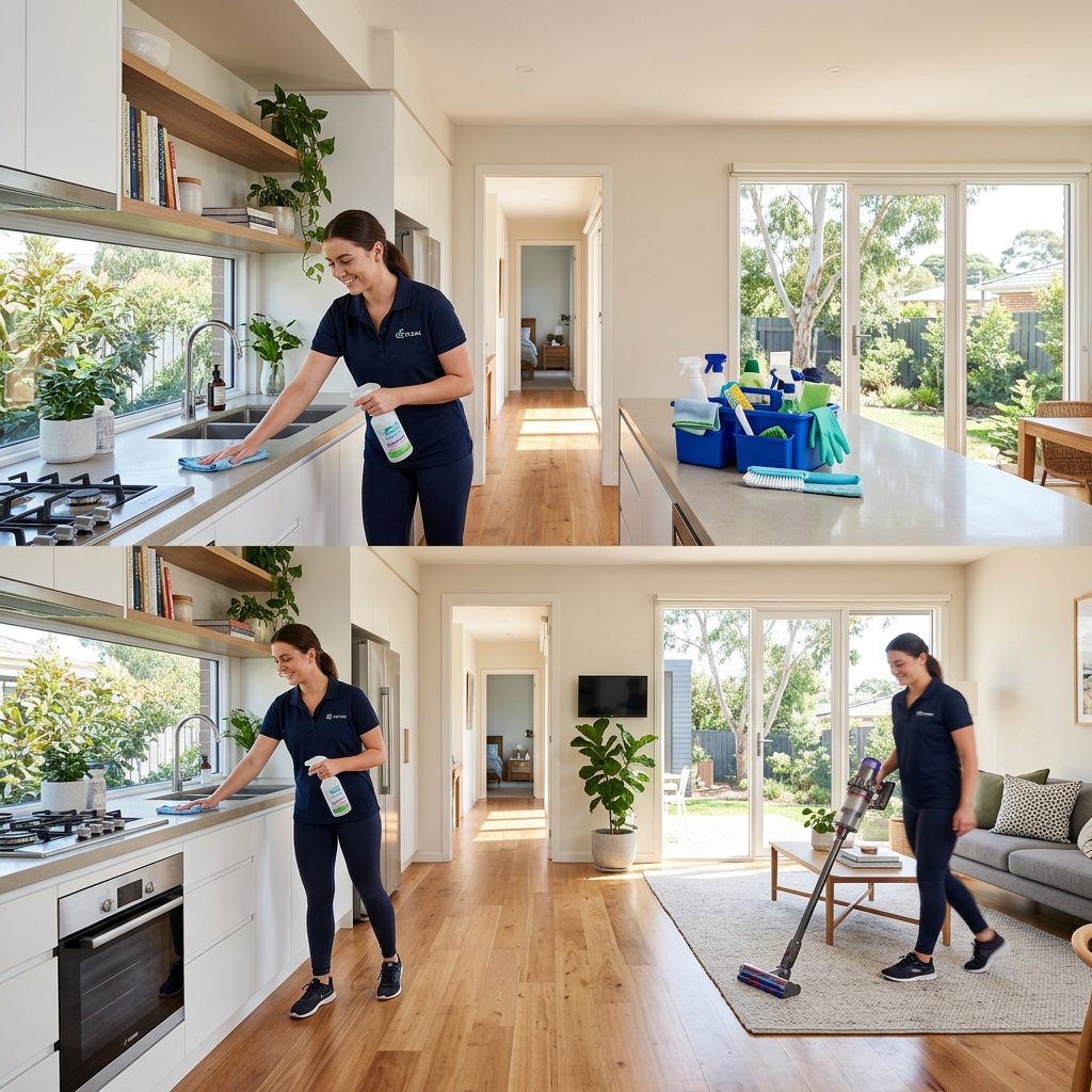 Person cleaning a share house room by room in Australia — kitchen and living room