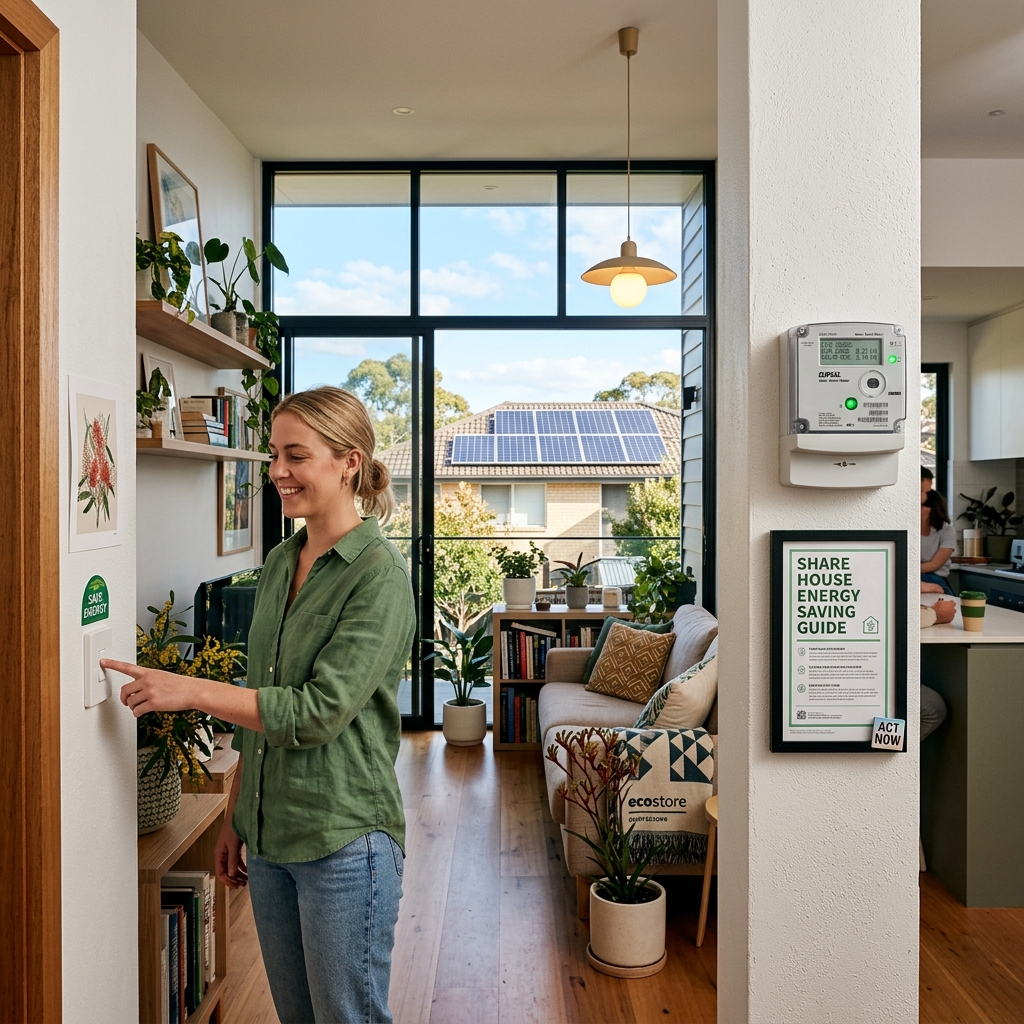 Person turning off light switch in an energy-efficient Australian share house with solar panels
