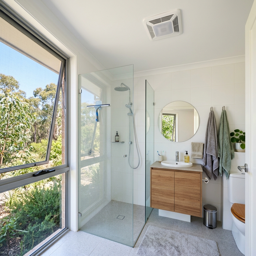 Well-ventilated shared bathroom with squeegee and open window — mould prevention in Australia