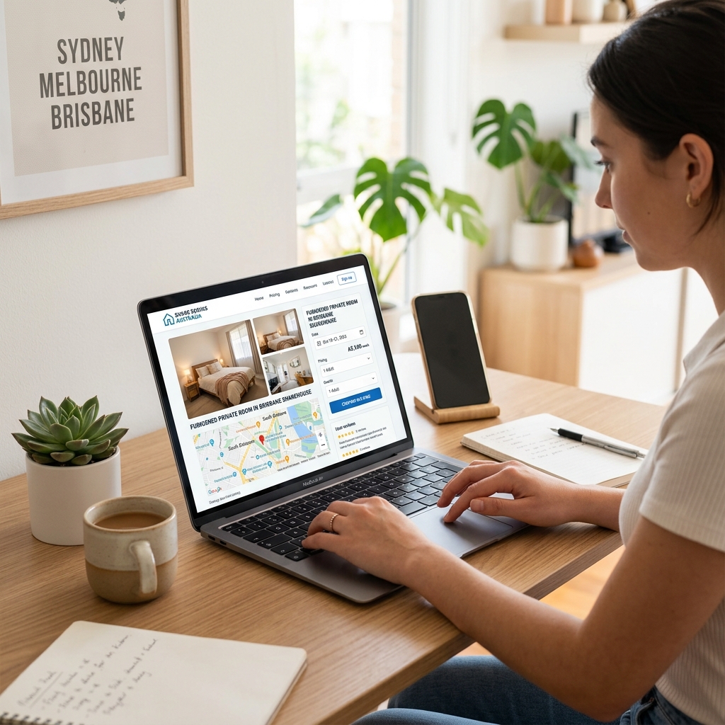 Person booking a share room online in Australia — aurent reservation guide
