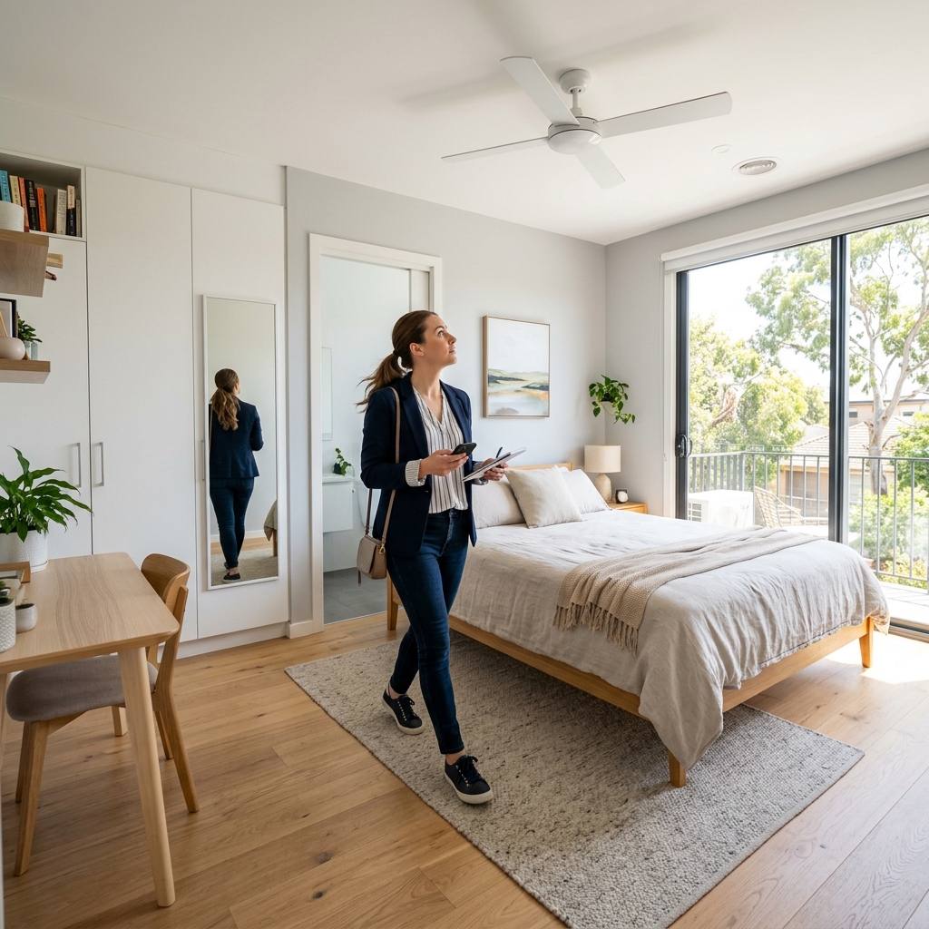 Person inspecting a furnished bedroom in an Australian share house