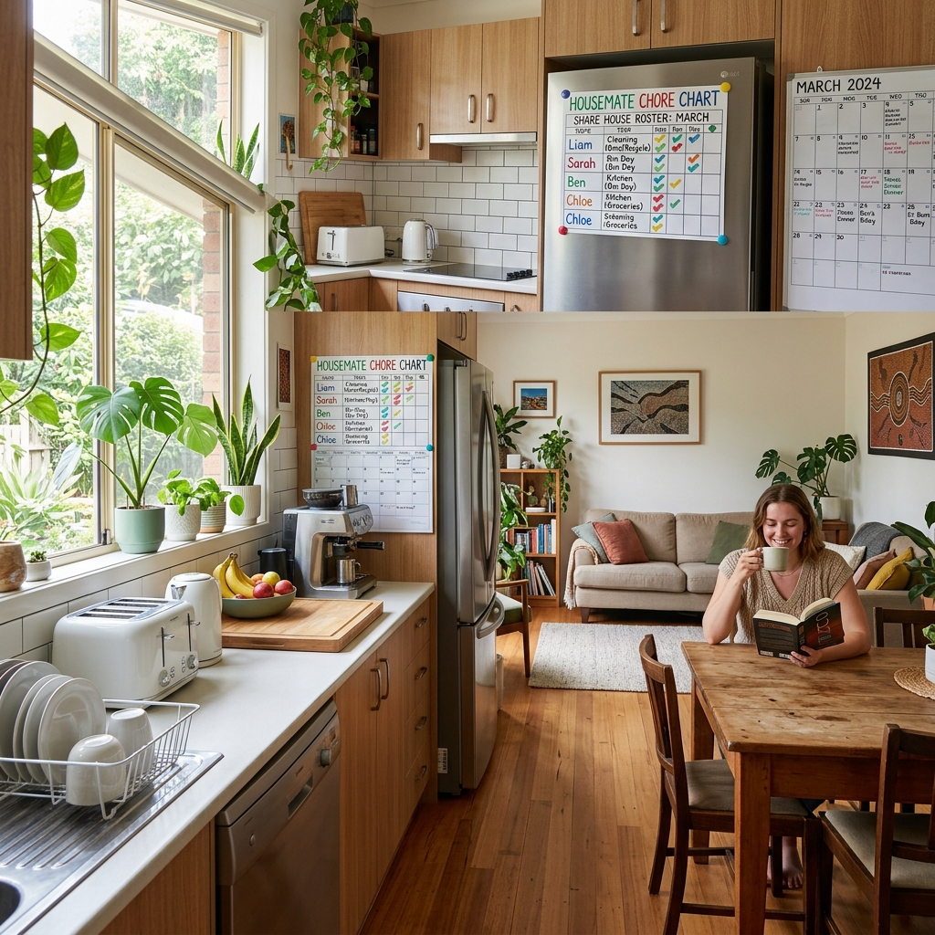 Organised share house kitchen with chore chart and calendar in Australia